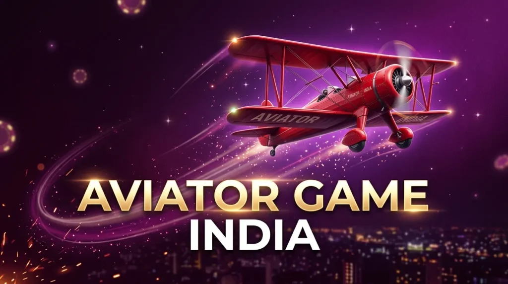 Promotional banner titled "AVIATOR GAME INDIA" featuring a red vintage biplane flying through a glowing pink trail against a starry purple night sky over a city.
