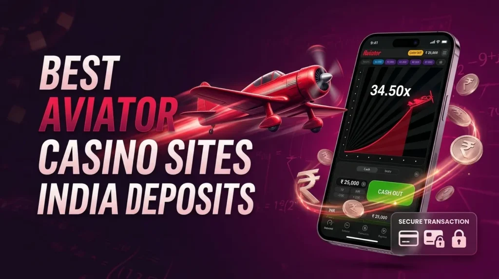 Marketing graphic titled "BEST AVIATOR CASINO SITES INDIA DEPOSITS" displaying a red propeller aircraft next to a smartphone showing the game interface at a 34.50x multiplier, surrounded by floating Indian Rupee coins and a "Secure Transaction" badge.